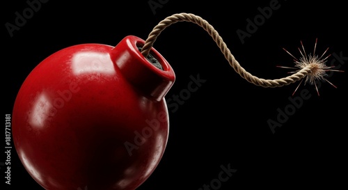 A High-Quality 3D Render of a Classic Round Bomb with a Lit Fuse Against Black