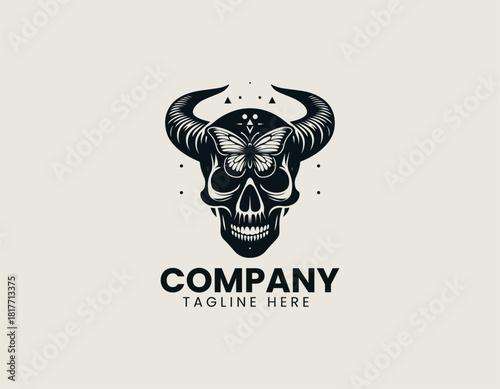 Highly detailed intricate black skull with large curved horns and a mystical butterfly on its forehead.