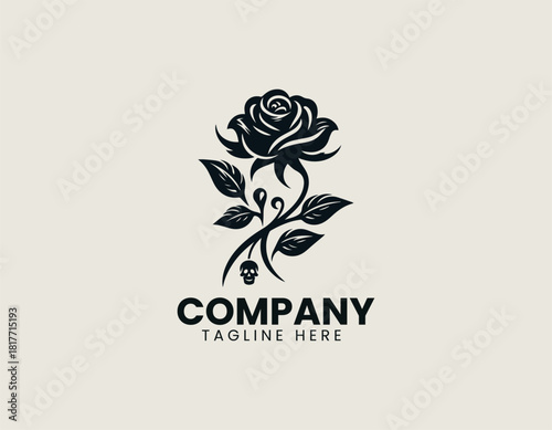 Elegant black rose illustration with intricate swirling leaves and a subtle small skull detail.