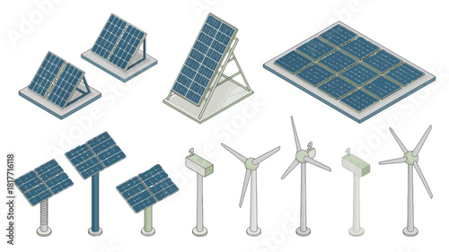Collection of isometric solar panels and wind turbines for renewable energy
