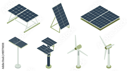 Set of isometric solar panels and wind turbines