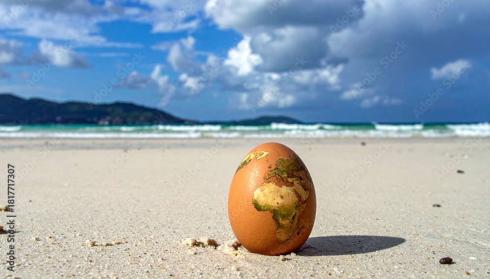 Naklejka premium A single egg with a map of the Earth on it sitting on a sandy beach with the ocean in the background