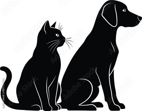 Black silhouette of a domestic cat and dog sitting together, loyal pets friendship concept vector illustration, common household animals graphic logo icon design.