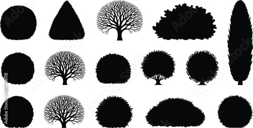 Black silhouette vector illustration set of various park and garden trees, bushes, and decorative plants with diverse shapes, including topiary and stylized natural forms, isolated on white background