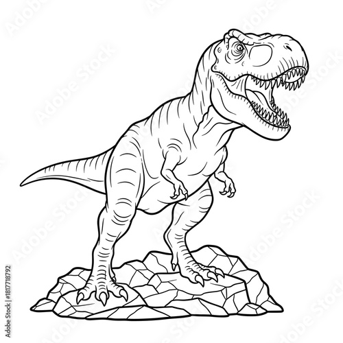 Fierce roaring Tyrannosaurus Rex standing on rocks. Detailed black and white line art for coloring.