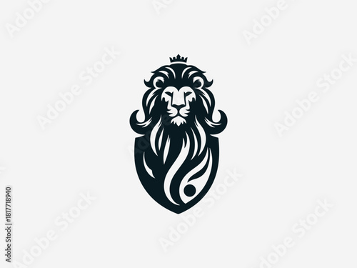 Royal crest lion black vector logo with detailed mane and heraldic shield for luxury brand identity