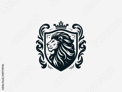 Royal crest lion black vector logo with detailed mane and heraldic shield for luxury brand identity