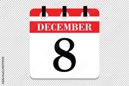 8 December Calendar icon vector, 8 dates of December month calendar icon, dates of December 8 icon calendar, vector calendar icon.