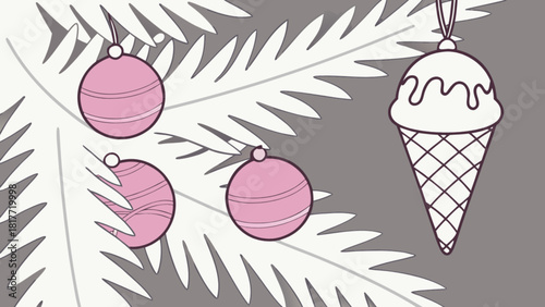 Whimsical christmas tree with pink baubles and ice cream cone
