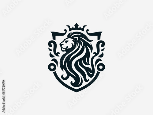 Royal crest lion black vector logo with detailed mane and heraldic shield for luxury brand identity