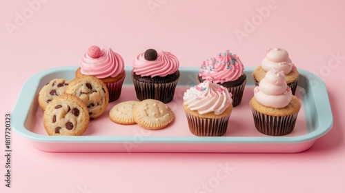 A pastel tray of cupcakes and cookies against a pink background.