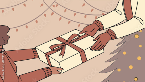 Holiday gift exchange between two people, festive season joy