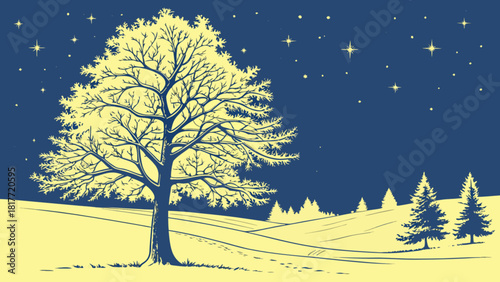 Winter landscape illustration with bare tree and a starry night