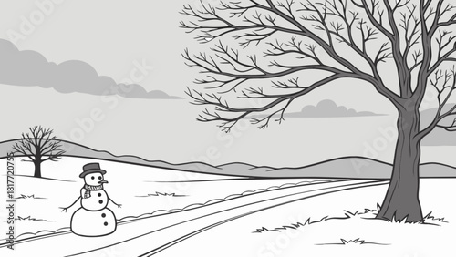 Winter landscape with snowman and bare trees on a snowy road
