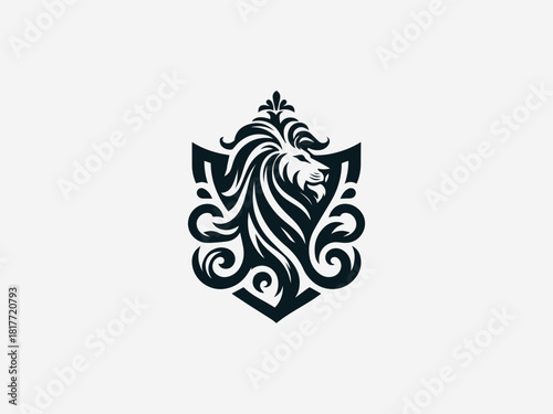 Royal crest lion black vector logo with detailed mane and heraldic shield for luxury brand identity