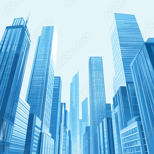 Modern City Skyline Vector Illustration with Tall Blue Glass Buildings , vector style simple color