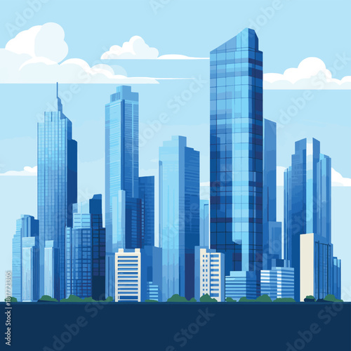Modern City Skyline Vector Illustration with Tall Blue Glass Buildings , vector style simple color