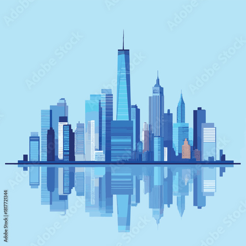 Modern City Skyline Vector Illustration with Tall Blue Glass Buildings , vector style simple color