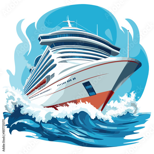 Stylized illustration of a modern cruise ship sailing through blue waves, vector style simple color