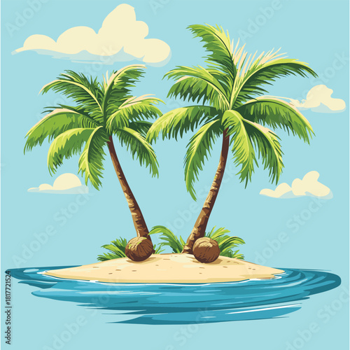 Tropical island with two palm trees and coconuts surrounded by blue water  , vector style simple color
