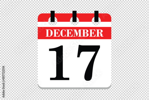 17 December Calendar icon vector, 17 dates of December month calendar icon, dates of December 17 icon calendar, vector calendar icon.