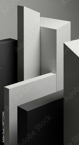 An abstract arrangement of white grey and black rectangular blocks and planes creating a complex geometric composition