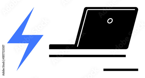 Lightning bolt next to laptop representing energy, efficiency, and connectivity. Ideal for power, technology, productivity, innovation, energy solutions digital tools and workflow. Clean simple