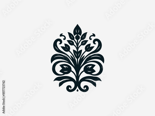 Sophisticated plant crest black vector logo with detailed botanical elements and heraldic frame for organic brand identity