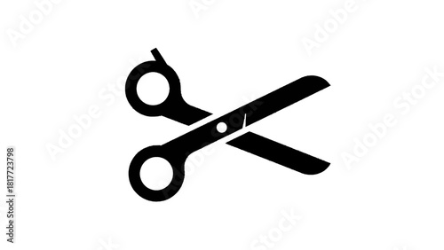 Vector illustration of simple black silhouette icon of open scissors for cutting paper or fabric, isolated on transparent background 