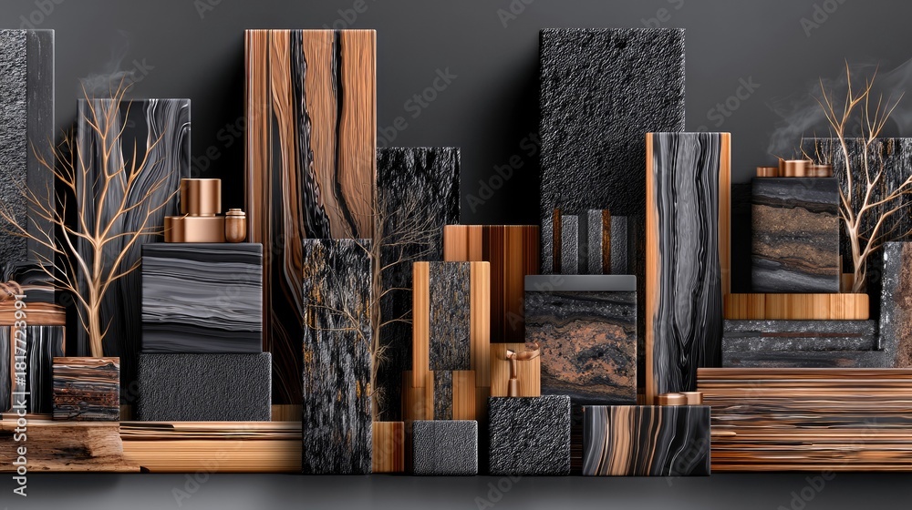 Fototapeta premium An abstract composition featuring stacked rectangular blocks of various natural materials like wood and stone, accented with metallic cylinders and delicate gol