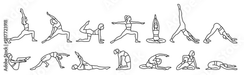 Women do yoga and Pilates exercises symbol set. Healthy wellness lifestyle icon. Slim woman doing various fitness stretching, meditation and relaxation gym sport body training sign vector illustration