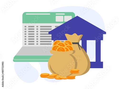 savings book with coins in the money bag. Saving vector illustration. Flat illustration concept.