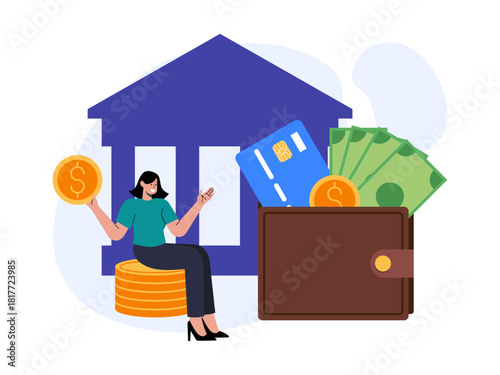 Woman are managing their finances by saving in the bank. Saving vector illustration. Flat illustration concept.