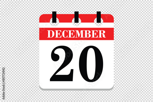20 December Calendar icon vector, 20 dates of December month calendar icon, dates of December 20 icon calendar, vector calendar icon.