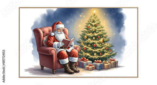 Santa Claus Reading Book Beside Decorated Christmas Tree with Gifts Wall Art Watercolor Illustration