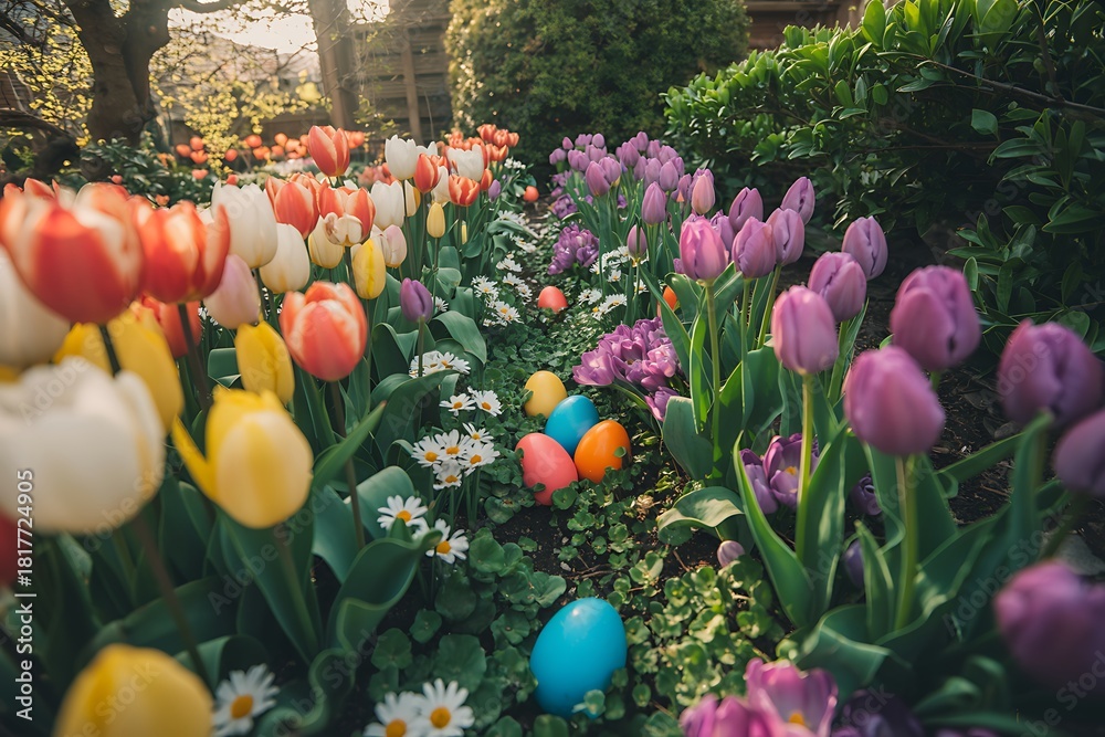 Obraz premium Vibrant spring garden with colorful tulips and hidden Easter eggs, perfect for seasonal greetings, cheerful celebrations, and springtime marketing campaigns