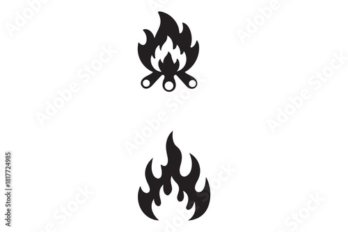 Two stylized black silhouette icons of fire and campfire representing heat and energy isolated on white background