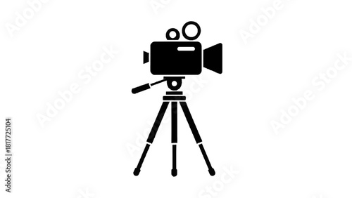 Vector illustration of black silhouette icon of a vintage movie camera mounted on a tripod, isolated on transparent background 
