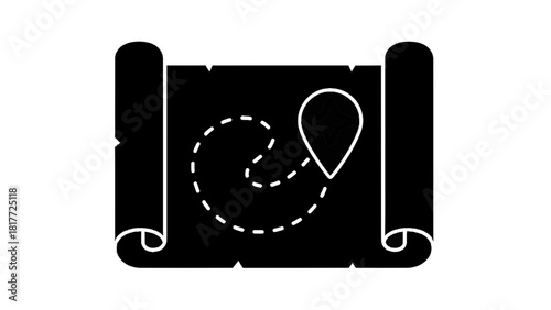 Vector illustration of black silhouette icon of a rolled treasure map with a dotted line path leading to a star location pin on a transparent background
