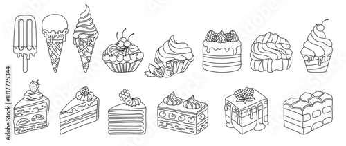 Cakes, pieces of cake and ice cream, different types desserts line doodle set. Birthday or wedding various slices cakes texture illustration. Sweet holiday bakery art. Vector hand drawn cartoon design