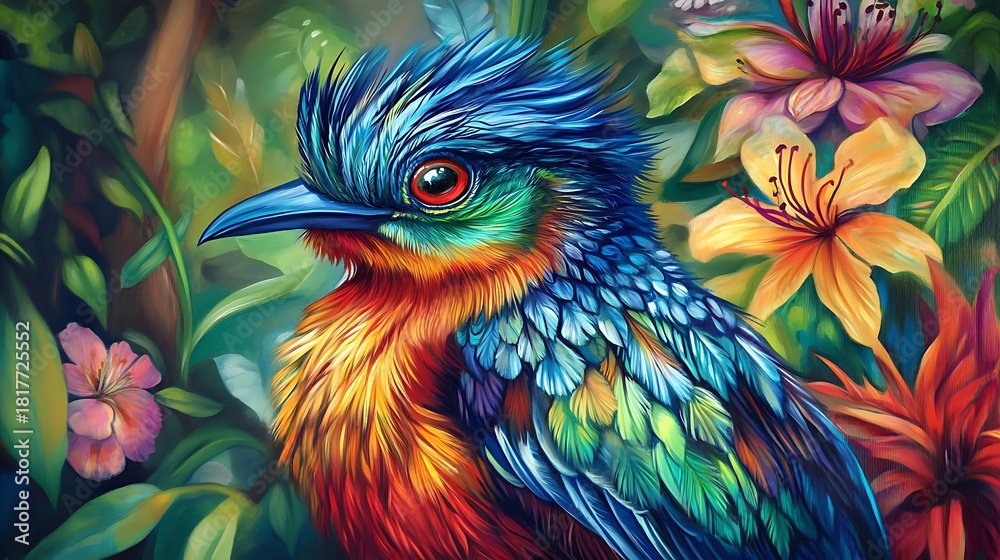 Fototapeta premium colorful exotic bird with iridescent blue, green, and red feathers in a lush tropical jungle with vibrant flowers, rendered in a vivid digital painting style