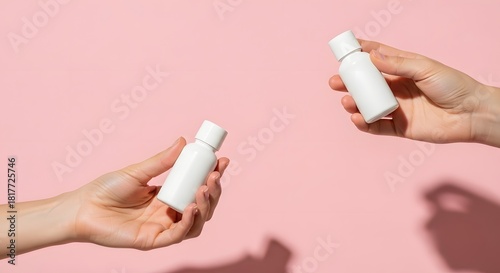 Two hands holding white cosmetic bottles against a pink background