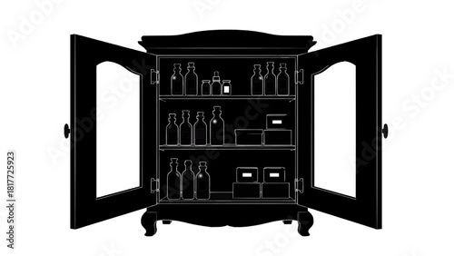 Vector illustration of black silhouette of an antique apothecary cabinet or display case filled with bottles and jars, isolated on transparent background 