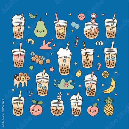 Delightful bubble tea drink pattern with cute fruit characters design