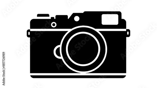 Vector illustration of black and white silhouette icon of a vintage rangefinder camera isolated on transparent background 
