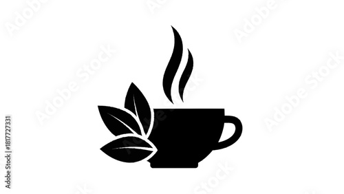 Vector illustration of black silhouette icon of a steaming hot cup of tea with fresh green leaves, isolated on transparent background 