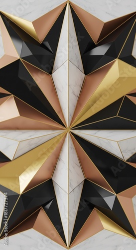 Refined geometric 3D pattern marble black copper gold panels with thin gold outlining