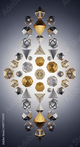Symmetrical array of ornate golden and silver geometric polyhedra on a gradient reflective background