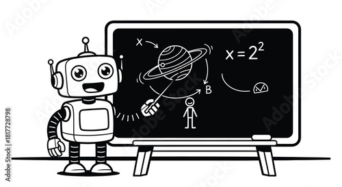 Robot Explaining Space Travel on Blackboard with Planets and Equations.