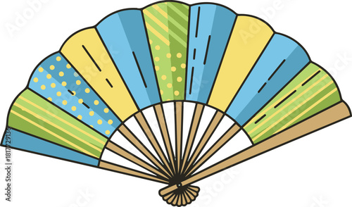 Flat vector illustration of a colorful open handheld folding fan featuring segmented patterns of blue, yellow, and green stripes and dots, symbolizing summer cooling or a traditional decorative access
